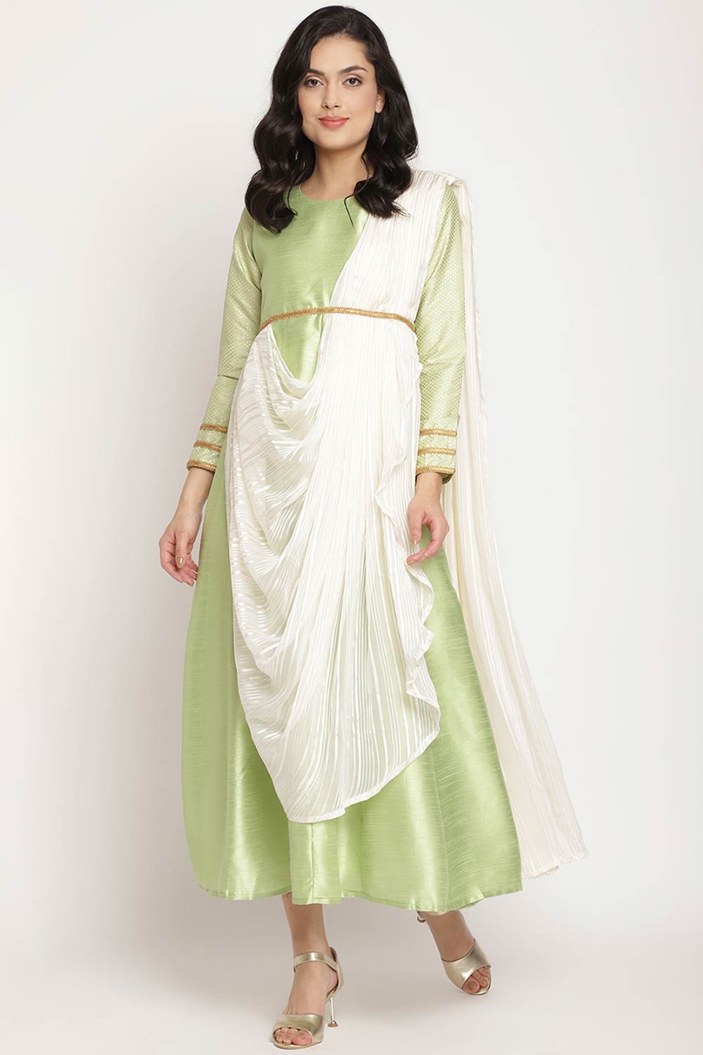 Women Green Poly Silk Kurti Top With Attached Dupatta