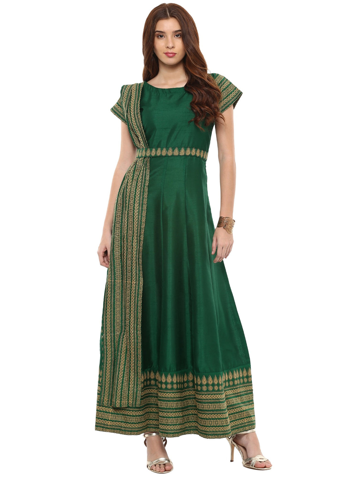 Shop Woman's Poly Art Silk Anarkali Kurta in Green At KarmaPlace