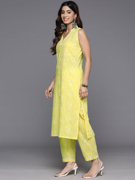 Women's Yellow Pure Cotton Printed Kurta Set