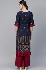 Buy Poly Silk Floral Printed Kurta Set in Navy Blue Online - Back