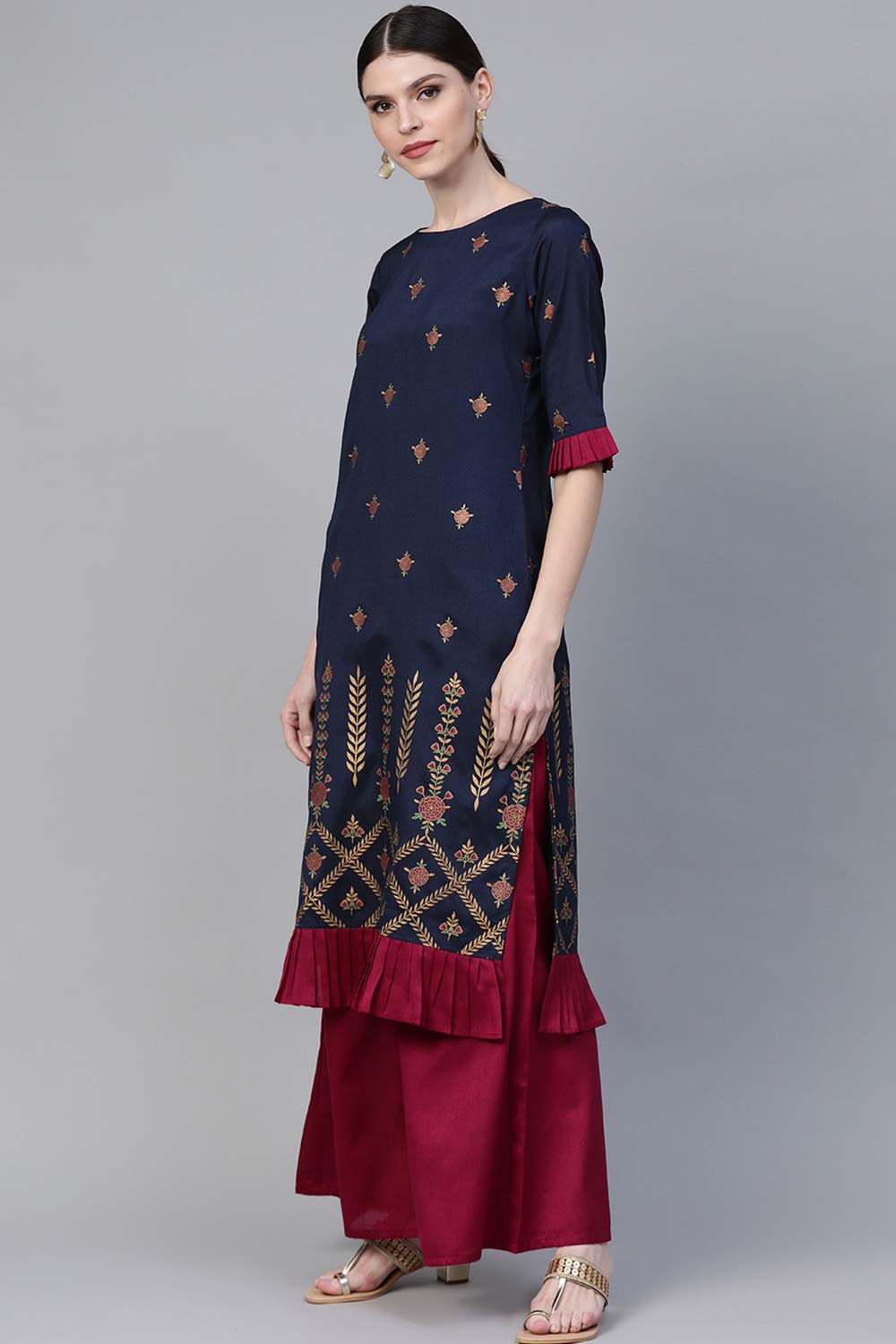 Buy Poly Silk Floral Printed Kurta Set in Navy Blue Online - Front