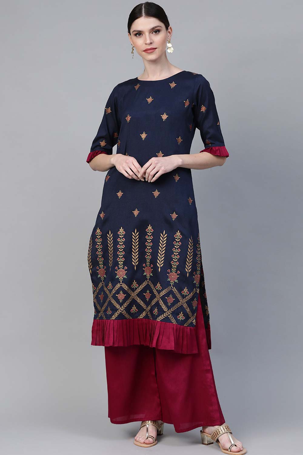 Buy Poly Silk Floral Printed Kurta Set in Navy Blue Online