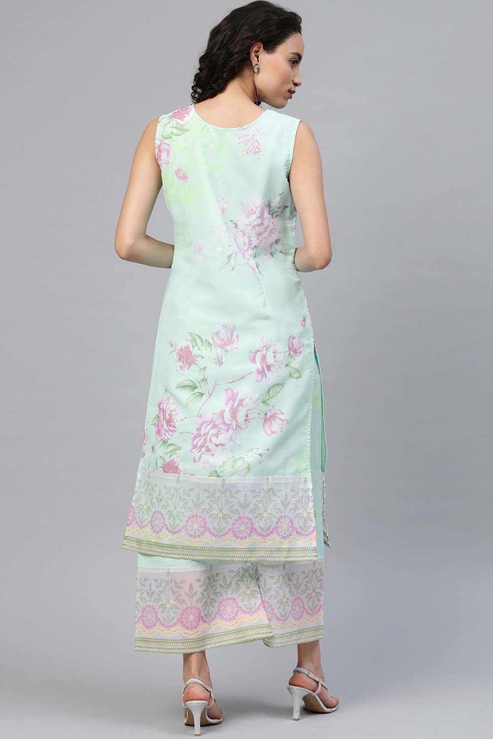 Buy Organza Foil Print Kurta Set in Sea Green - Front