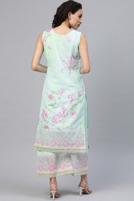 Buy Organza Foil Print Kurta Set in Sea Green - Front