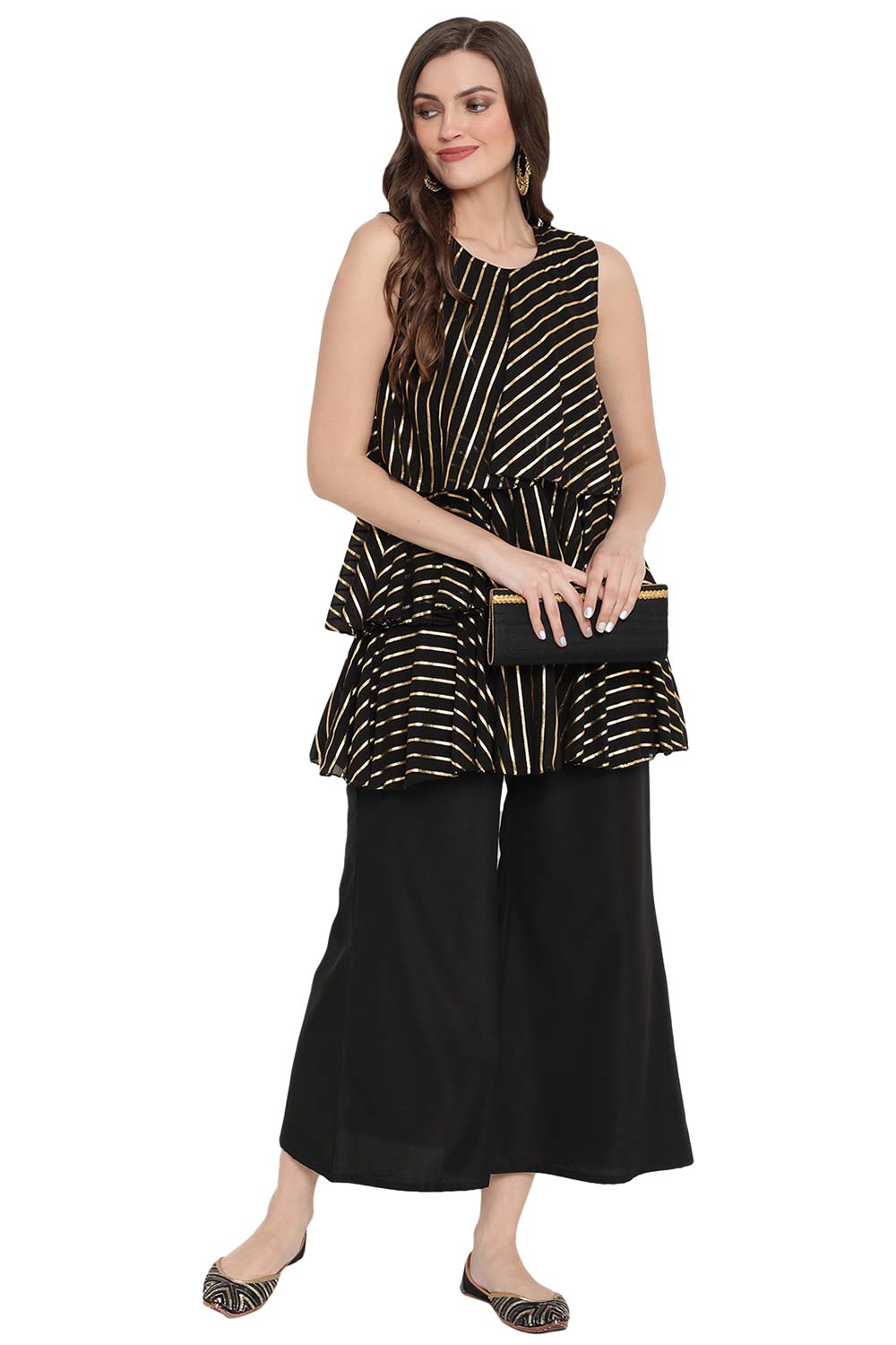 Black Georgette Gold Printed Top With Palazzo