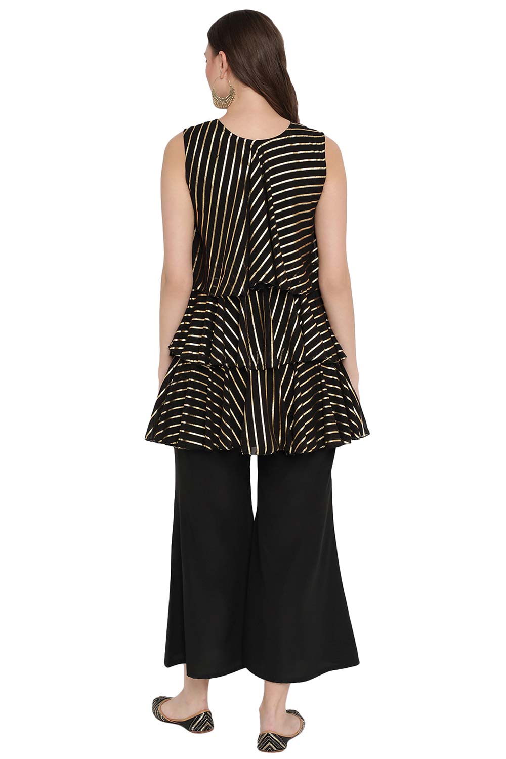 Black Georgette Gold Printed Top With Palazzo