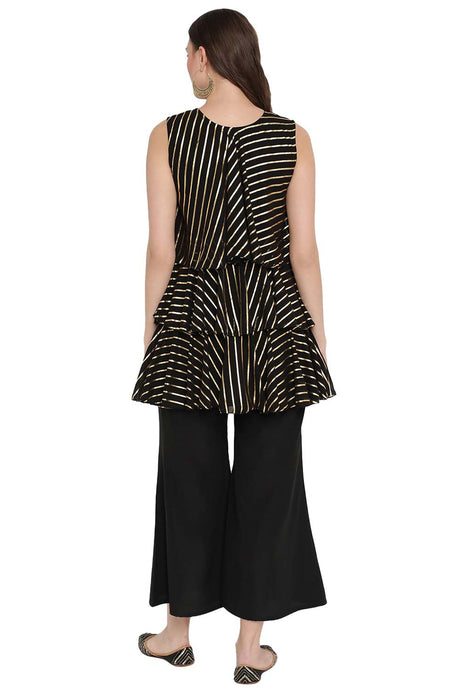 Black Georgette Gold Printed Top With Plazzo