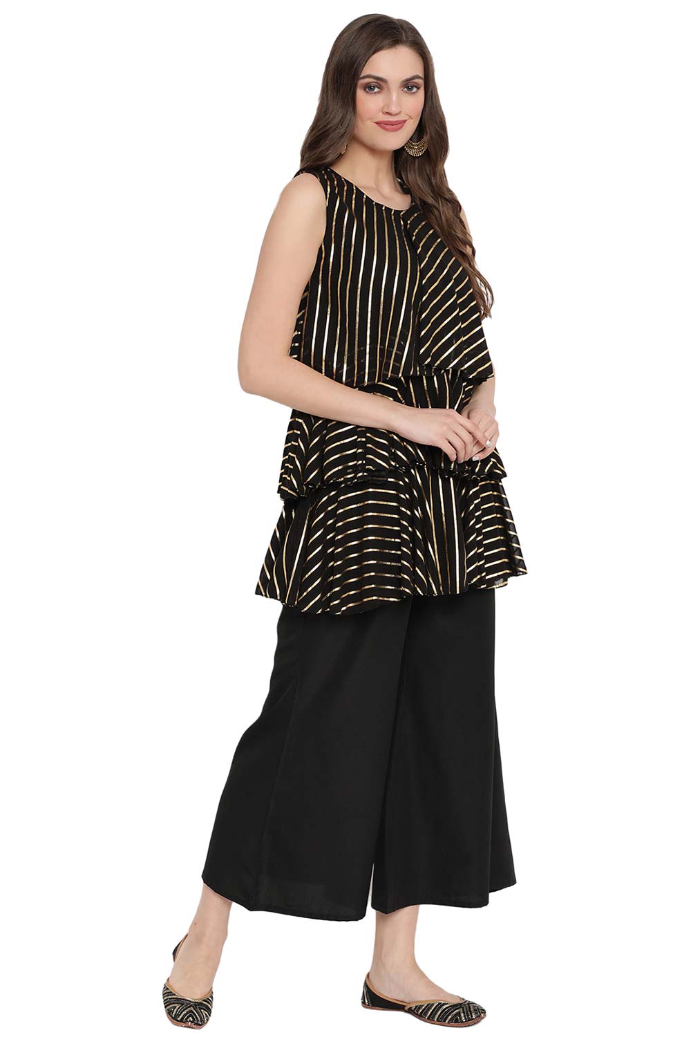 Black Georgette Gold Printed Top With Palazzo