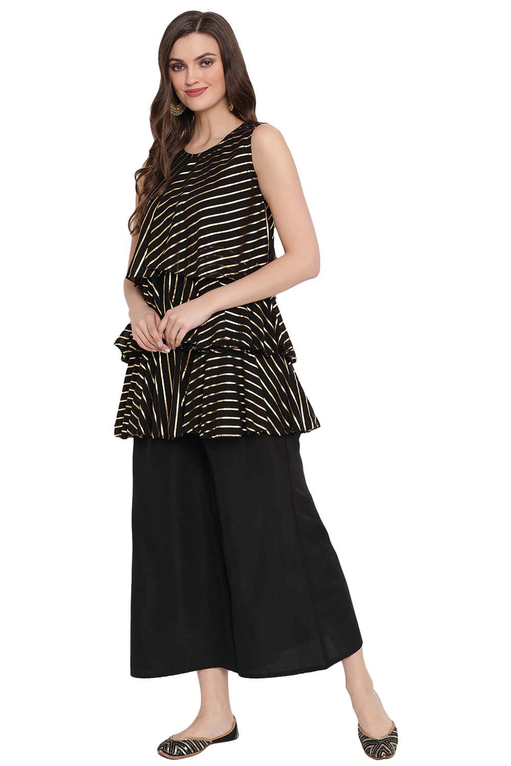 Black Georgette Gold Printed Top With Palazzo