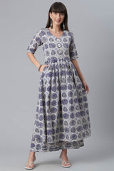 Women Navy Blue Cotton Wax Printed Kurta With Palazzo