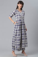 Women Navy Blue Cotton Wax Printed Kurta With Palazzo