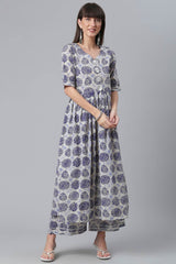 Women Navy Blue Cotton Wax Printed Kurta With Palazzo