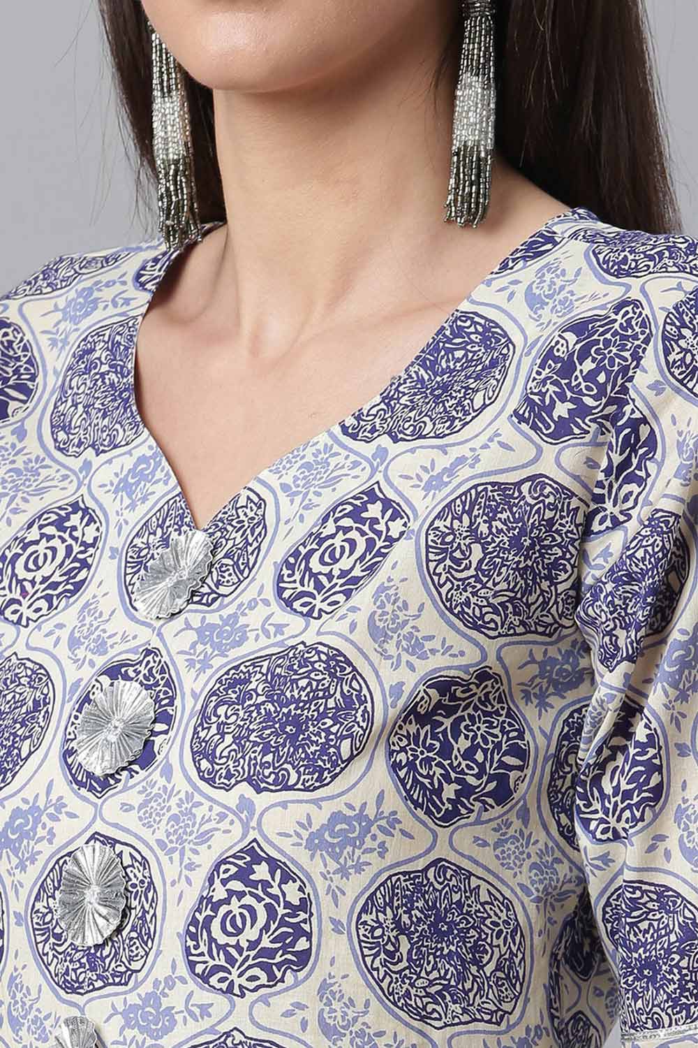 Women Navy Blue Cotton Wax Printed Kurta With Palazzo