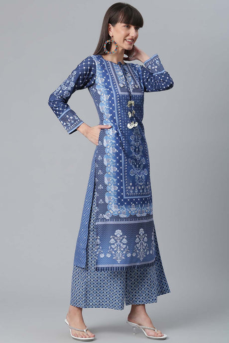 Buy Crepe Floral Print Kurta Set in Navy Blue - Front