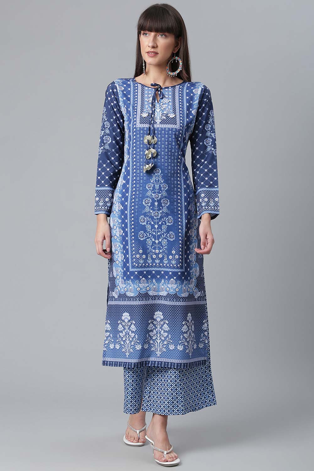 Buy Crepe Floral Print Kurta Set in Navy Blue