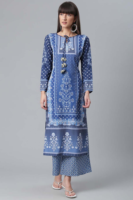 Buy Crepe Floral Print Kurta Set in Navy Blue