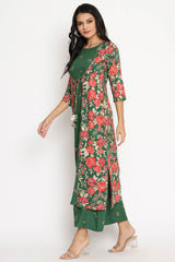 Women Green Rayon Printed Kurta Palazzo Set