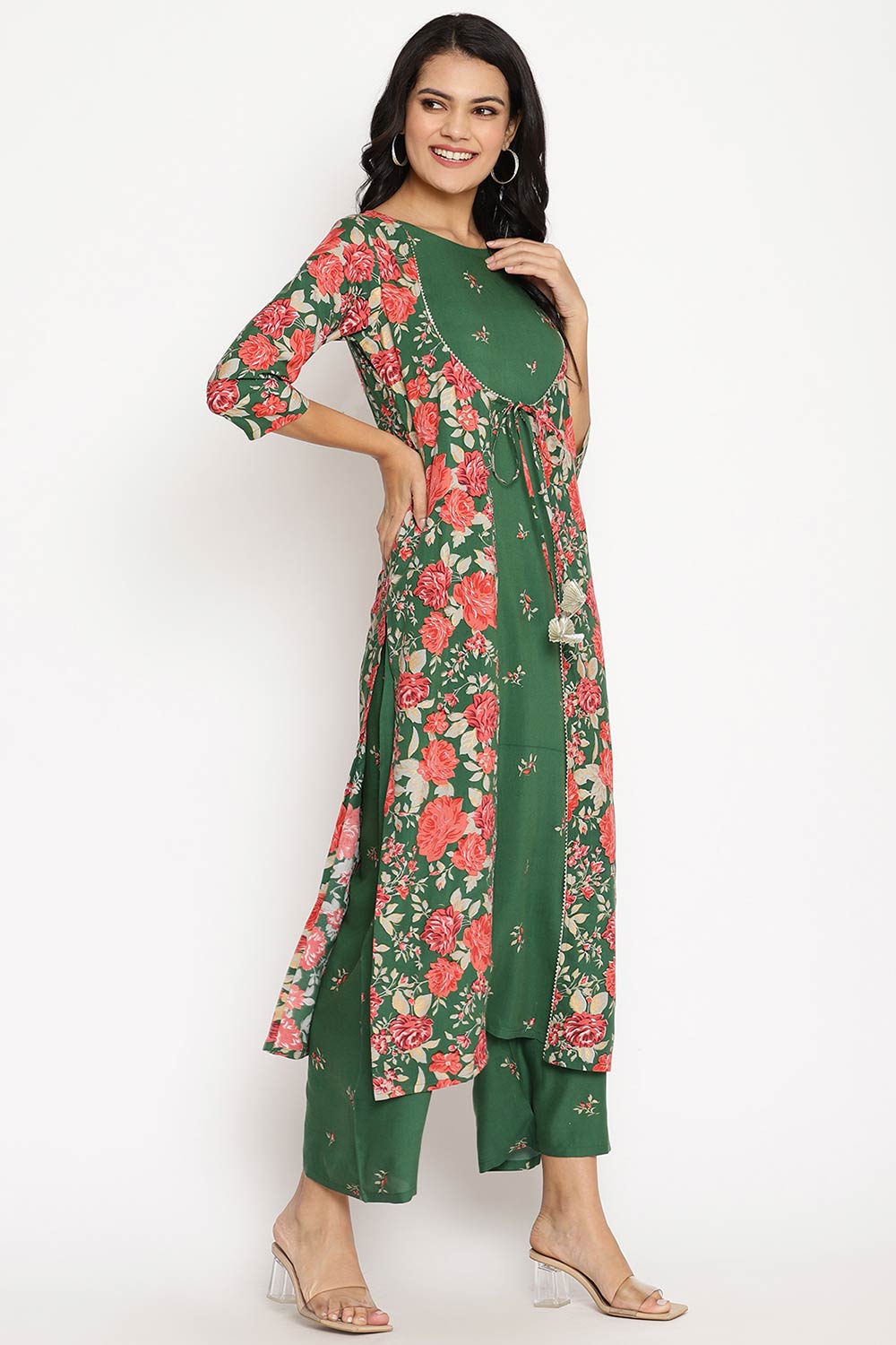 Women Green Rayon Printed Kurta Palazzo Set