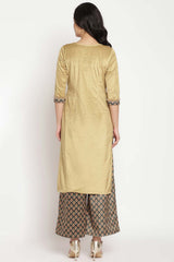 Buy Velvet Foil Print Kurta Set in Mustard - Front