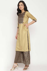 Buy Velvet Foil Print Kurta Set in Mustard - Side