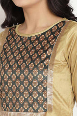 Buy Velvet Foil Print Kurta Set in Mustard - Zoom in