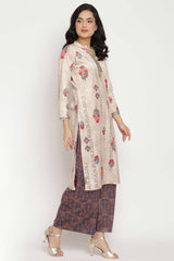 Buy Velvet Foil Print Kurta Set in Beige - Back