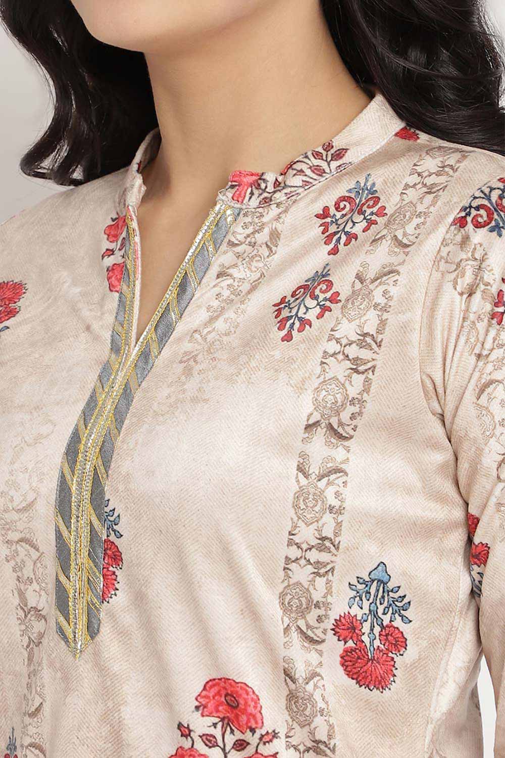 Buy Velvet Foil Print Kurta Set in Beige - Side