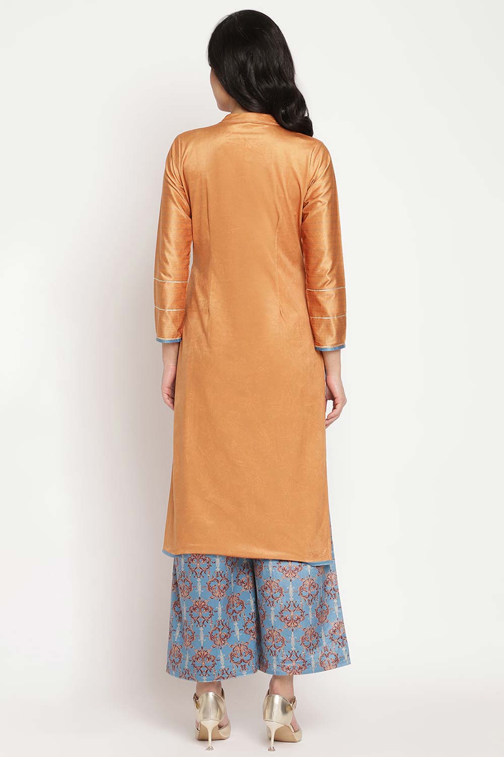 Buy Velvet Foil Print Kurta Set in Orange - Front