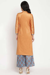 Buy Velvet Foil Print Kurta Set in Orange - Front