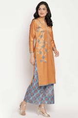 Buy Velvet Foil Print Kurta Set in Orange - Side