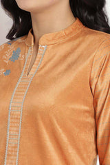 Buy Velvet Foil Print Kurta Set in Orange - Zoom in