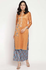 Buy Velvet Foil Print Kurta Set in Orange