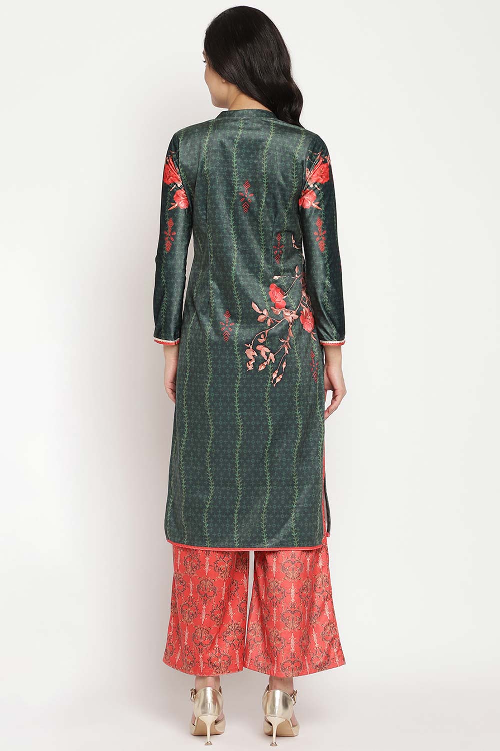 Buy Velvet Foil Print Kurta Set in Dark Green - Front