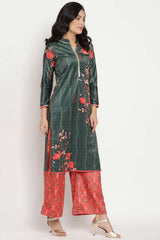 Buy Velvet Foil Print Kurta Set in Dark Green - Side