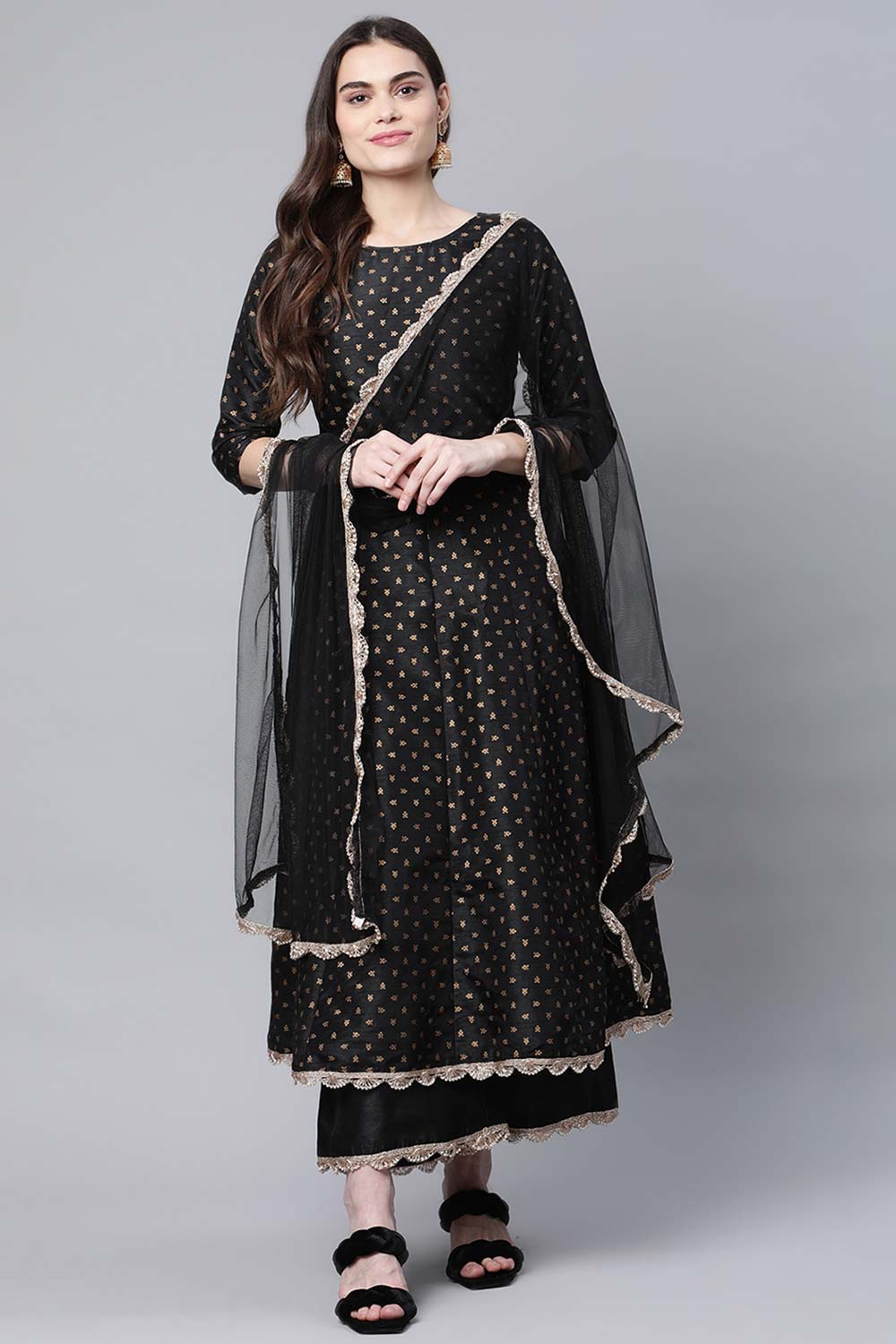 Black Poly Silk Gold Printed Anarkali Kurta Palazzo Set With Dupatta