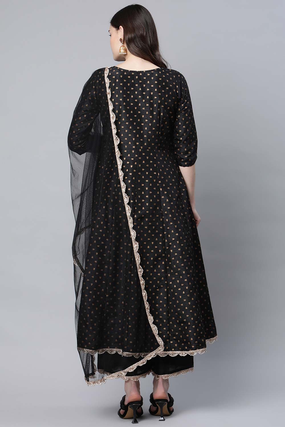 Black Poly Silk Gold Printed Anarkali Kurta Palazzo Set With Dupatta