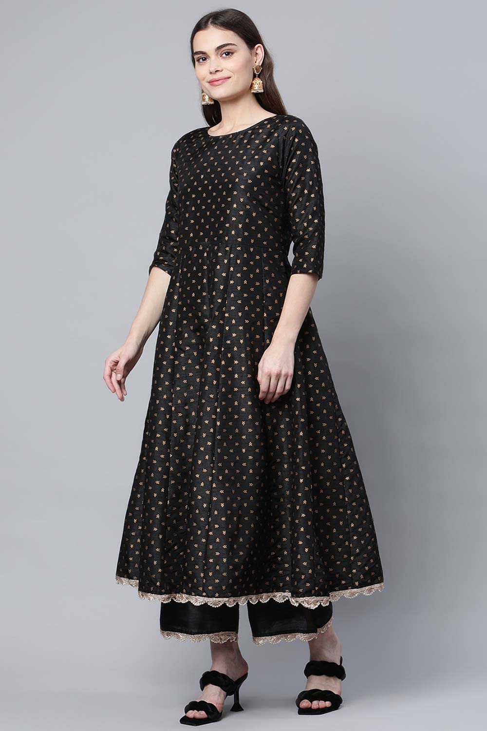 Black Poly Silk Gold Printed Anarkali Kurta Palazzo Set With Dupatta