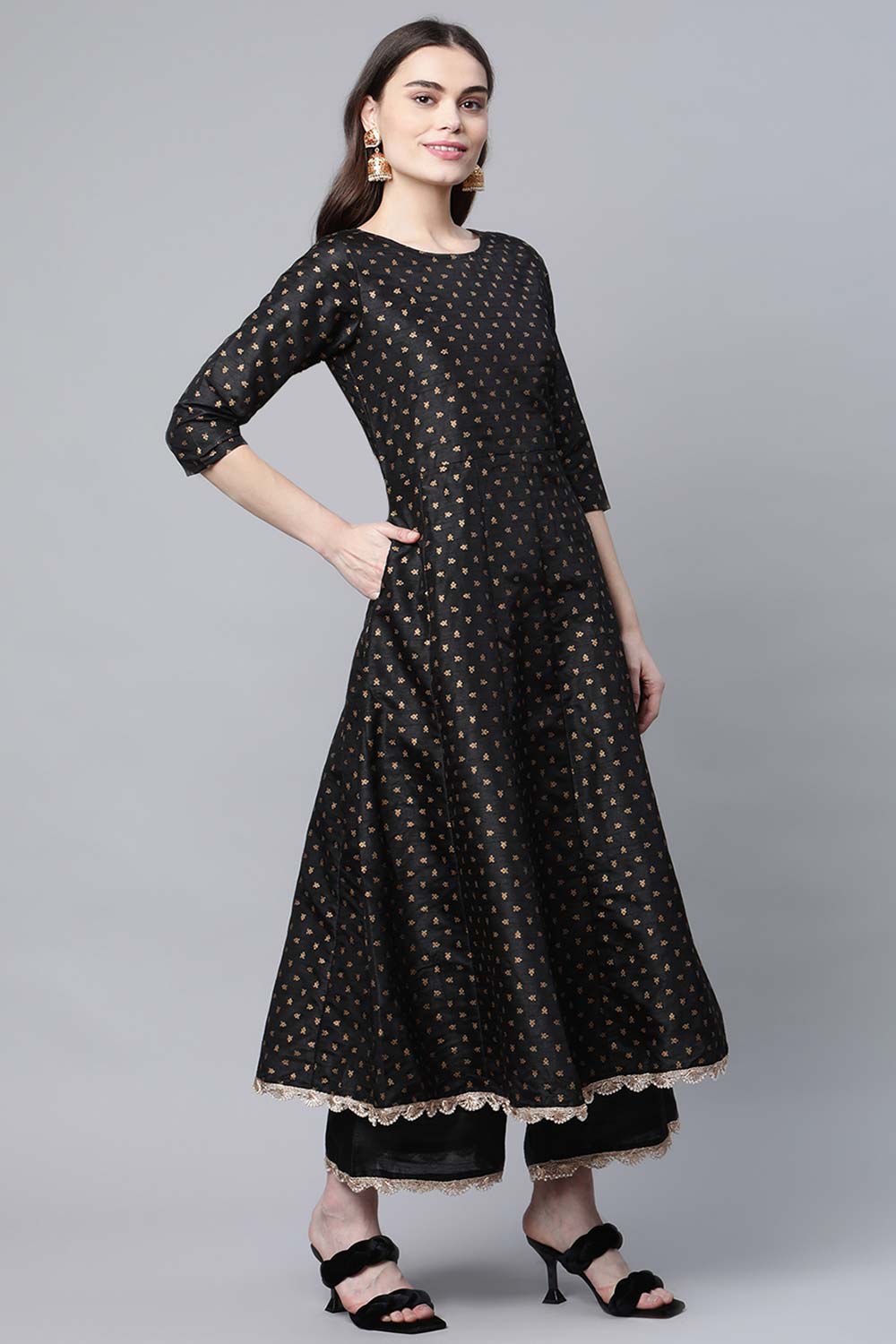 Black Poly Silk Gold Printed Anarkali Kurta Palazzo Set With Dupatta