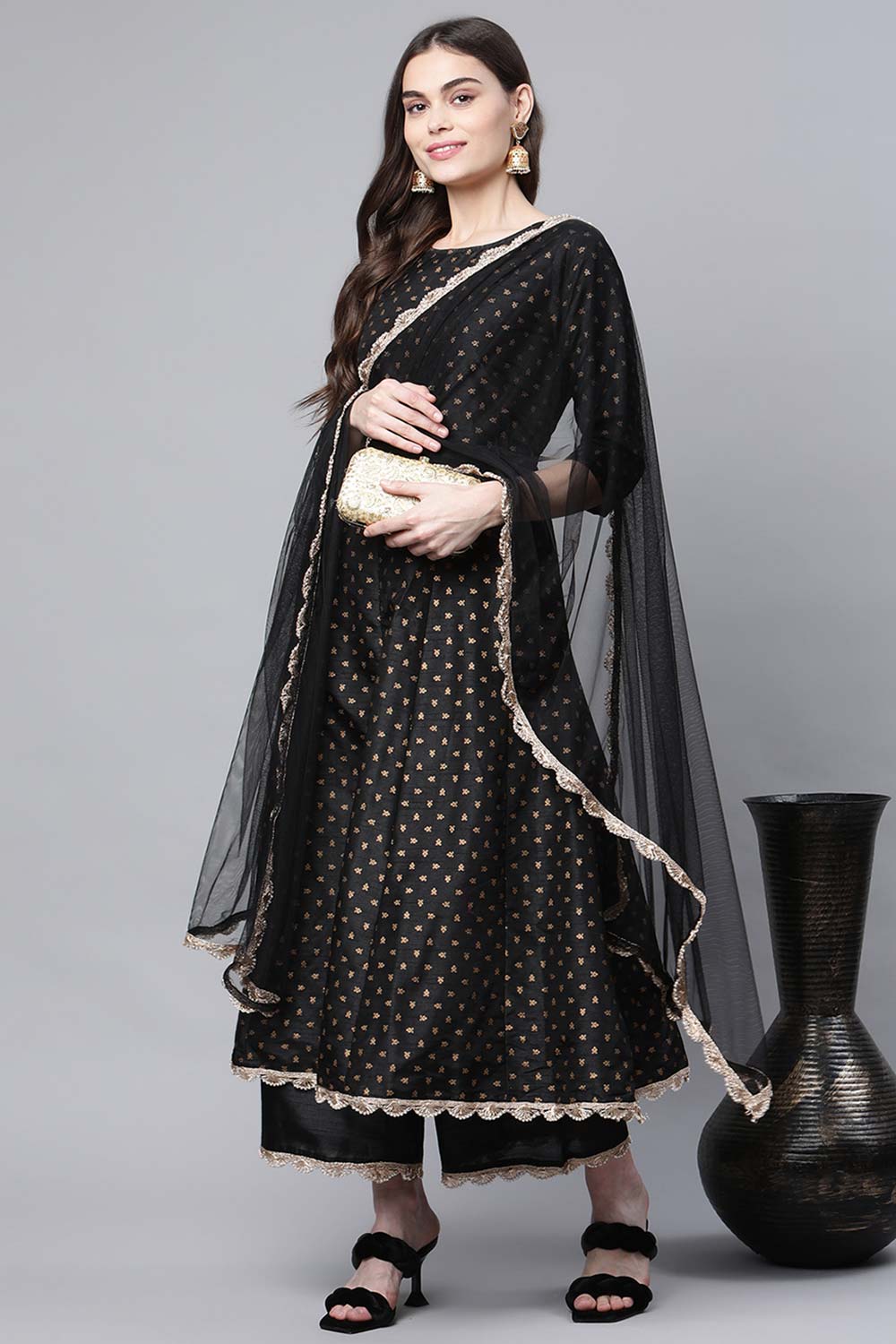 Black Poly Silk Gold Printed Anarkali Kurta Palazzo Set With Dupatta