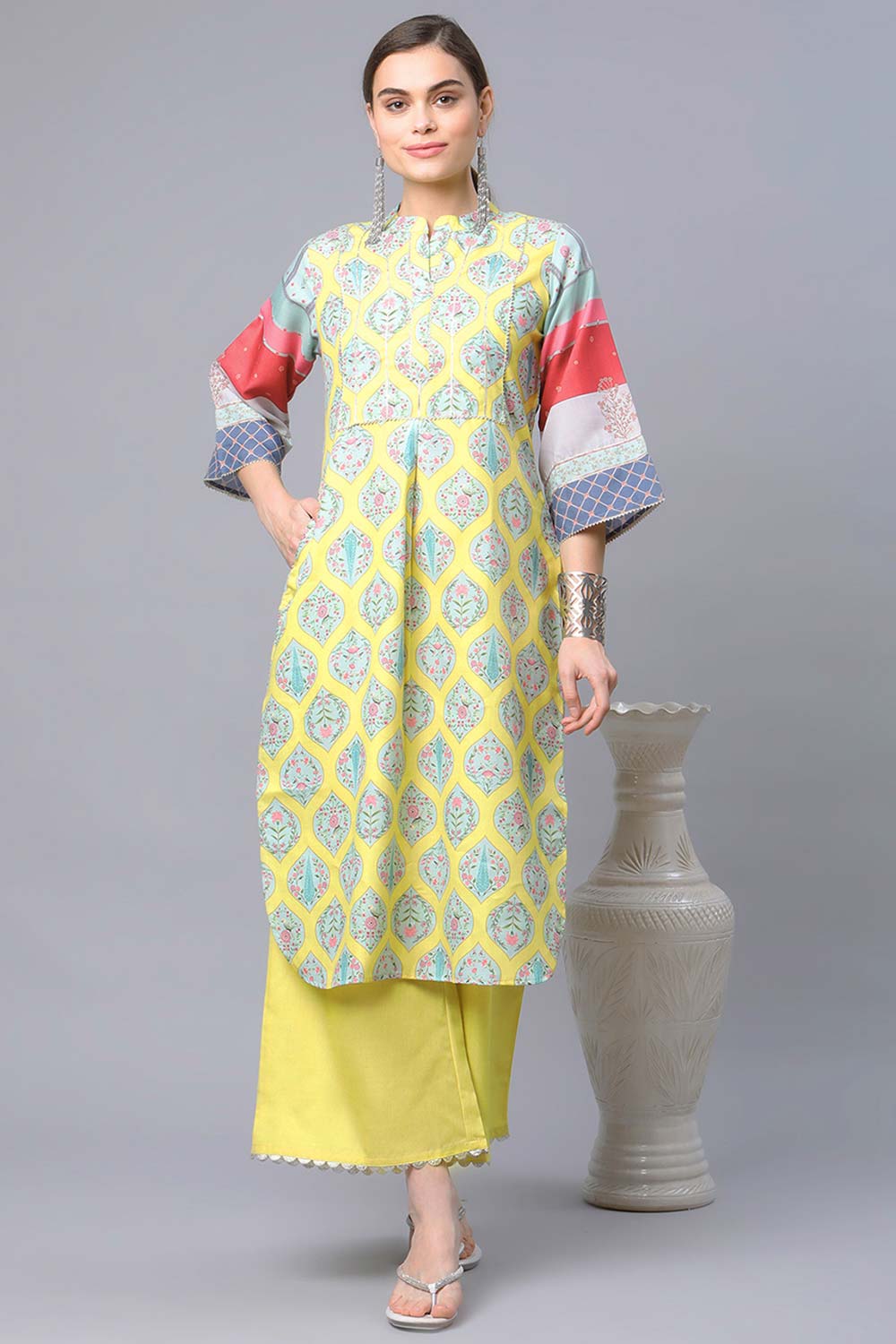 Yellow Pure Blend Digital Printed Kurta Palazzo Set