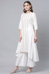 Off White Pure Cotton Printed Asymmetric Kurta Palazzo Set