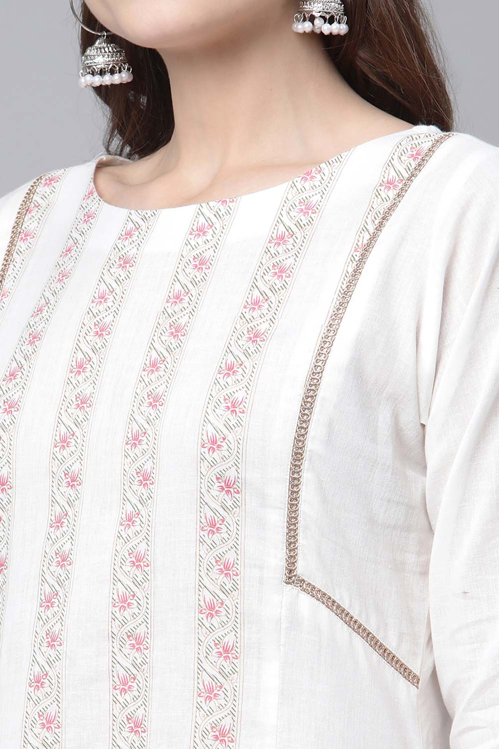 Off White Pure Cotton Printed Asymmetric Kurta Palazzo Set