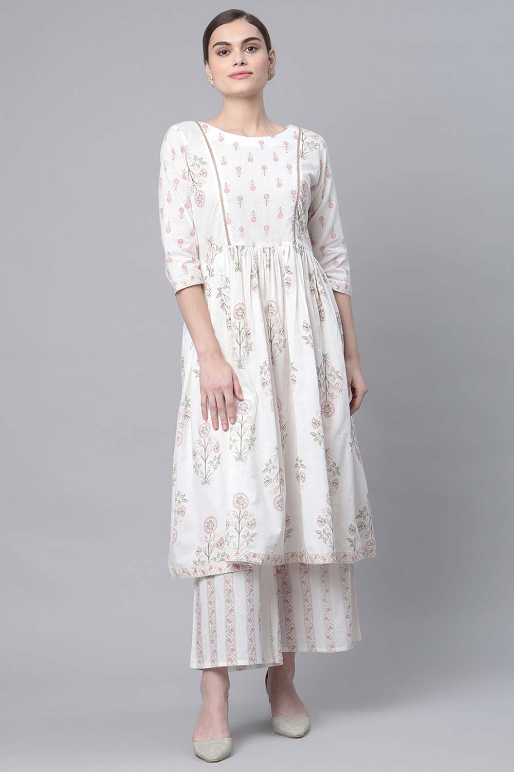 Off White Pure Cotton Printed KurtI Palazzo Set