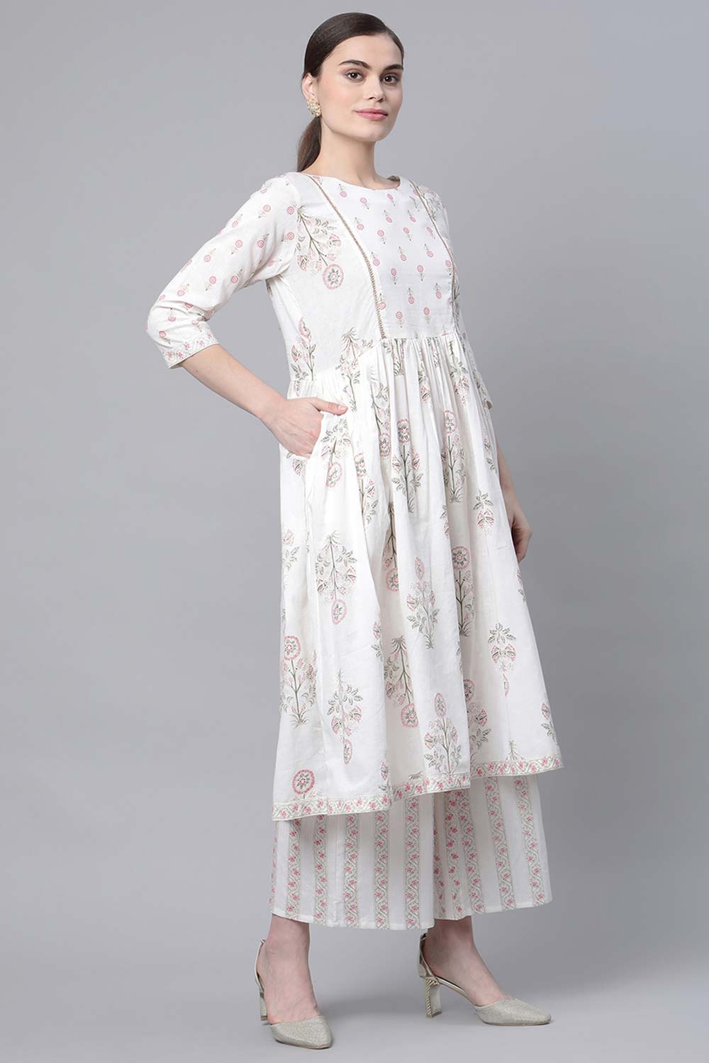 Off White Pure Cotton Printed KurtI Palazzo Set