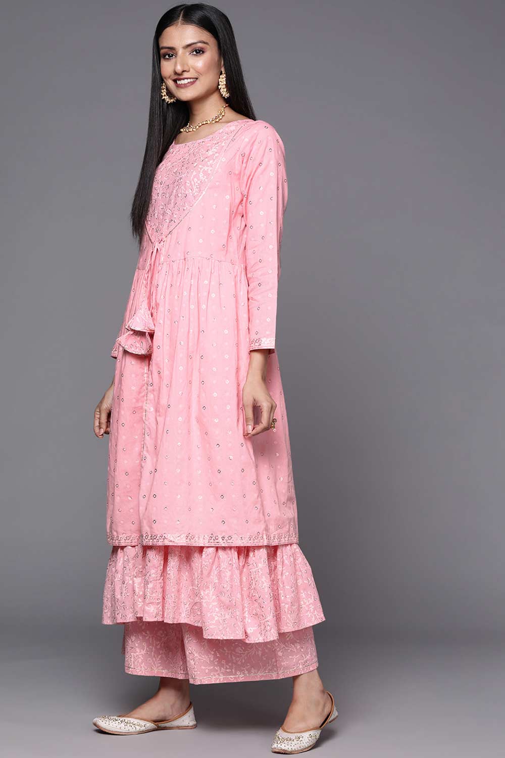 Buy Pink & Gold Ethnic Printed Layered Front Slit Cotton Anarkali Kurta Palazzos Online