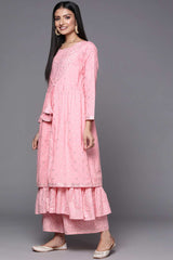 Buy Pink & Gold Ethnic Printed Layered Front Slit Cotton Anarkali Kurta Palazzos Online