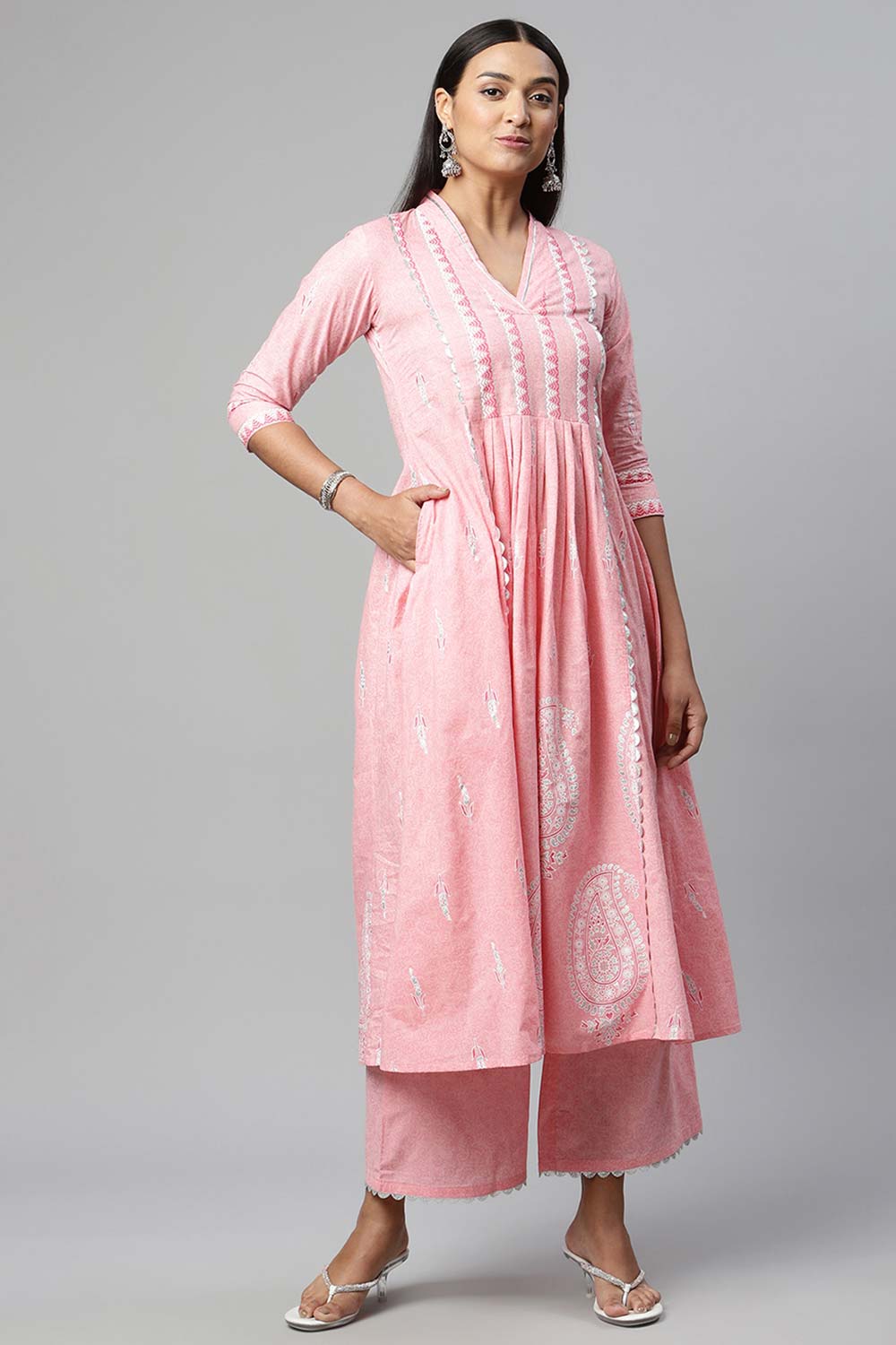 Pink Pure Cotton Printed Kurta Palazzo Set