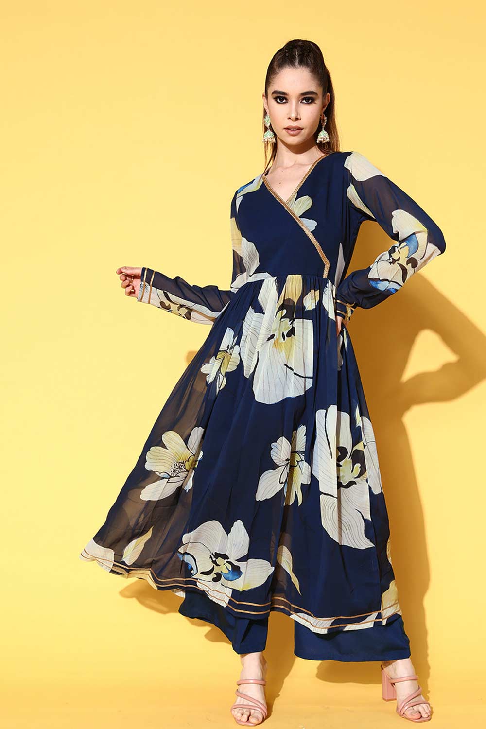 Buy Navy Blue Poly Georgette Printed Kurta Palazzo Set Online