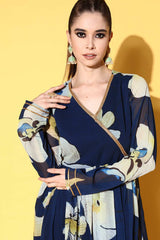 Buy Navy Blue Poly Georgette Printed Kurta Palazzo Set Online