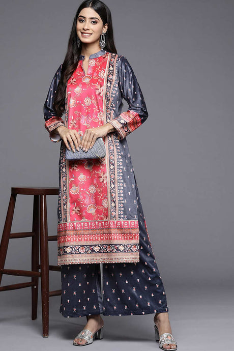 Buy Navy Blue Velvet Printed Kurta Palazzo Set Online